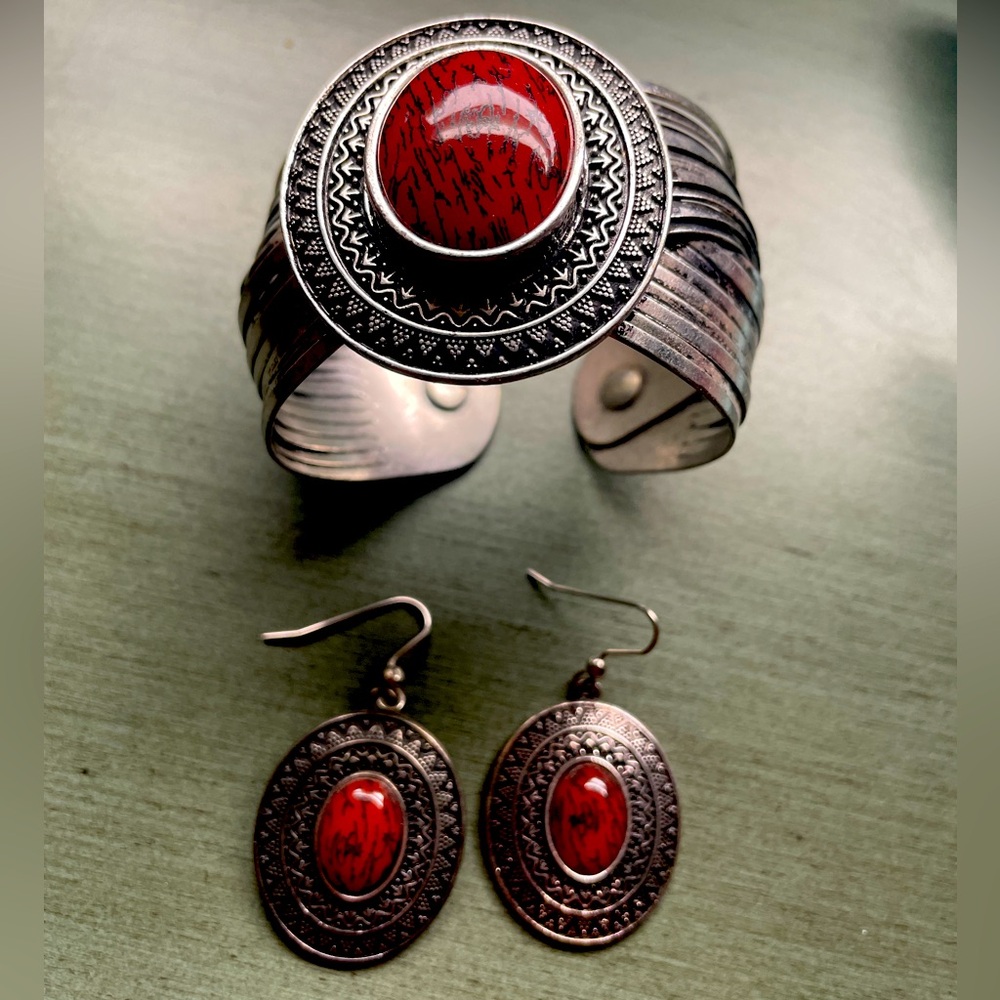 Aztec Silver Boho Cuff bracelet and earrings set
